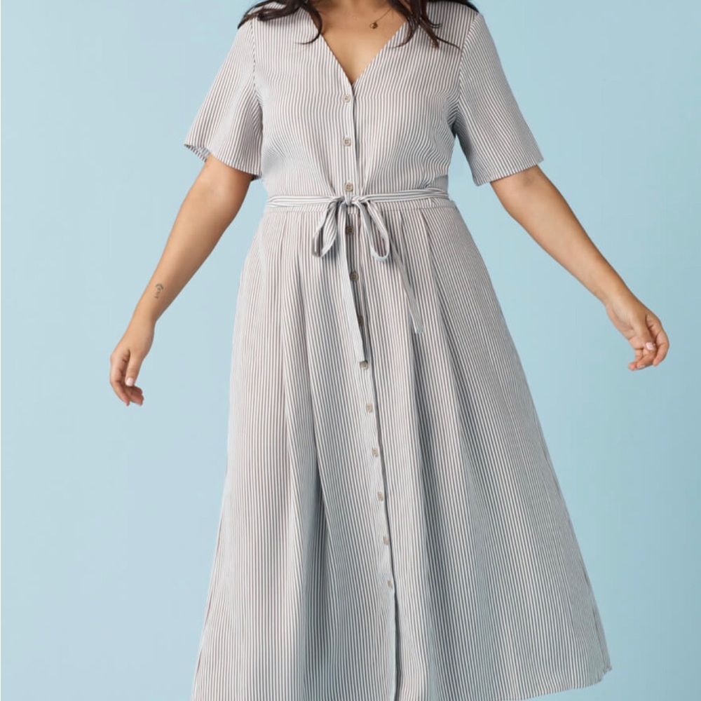 Vetta button-up midi dress in tan stripe - reversible!